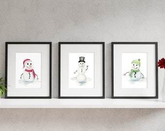 Christmas Snowman Trio Watercolor Print, Holiday Gift, Christmas Present, Holiday Painting Wall Art