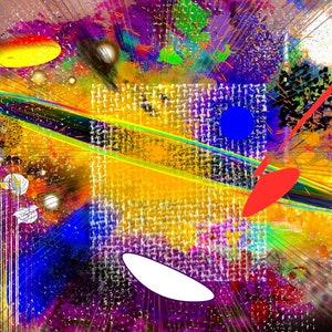 May include: Abstract digital art with a vibrant mix of colors. The artwork features a yellow oval, a red shape, and a green star-like form. The background is a blend of textures and hues, including blue, purple, and yellow.