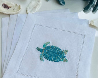 Linen Turtle Cocktail Napkins, Coastal Embroidered Design (Set of 4)