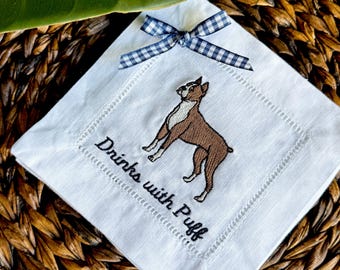 Embroidered Dog Cocktail Napkins: Linen Boston Terrier Design and Boxer