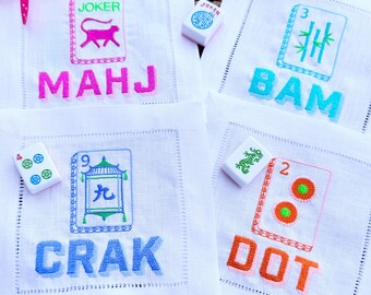 Embroidered Linen Mahjong Cocktail Napkins, Set of 4, Party Decor