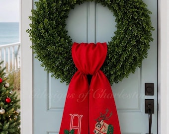 Embroidered Wreath Sash: Christmas Red Sash, Reindeer Sash, Blue Heron, Crane, Labradoodle, Tiger, Golf Cart, Pineapple and Mahjong Designs