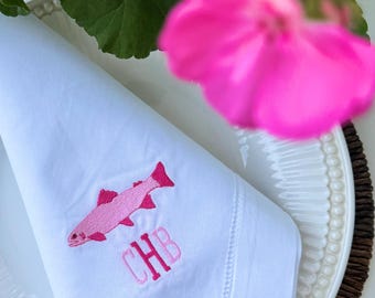 Embroidered Linen Napkins: Trout Fish Design, Monogrammed