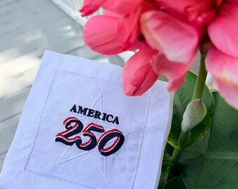 USA Patriotic Embroidered Cocktail Napkins | Semi Quincentennial Napkins + 250 Anniversary Linen Napkins + July 4th Napkins