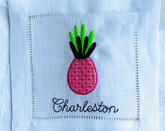 Charleston Pineapple Linen Cocktail Napkins - Embroidered Set of 4