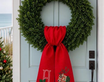 Embroidered Wreath Sash: Christmas Red Sash, Reindeer Sash, Blue Heron, Crane, Labradoodle, Tiger, Golf Cart, Pineapple and Mahjong Designs