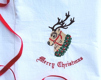 Personalized Embroidered Christmas Reindeer Kitchen Towel, Holiday Hostess Gift