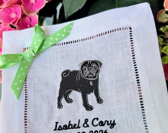 Embroidered Pug Linen Cocktail Napkins, Monogrammed, Set of 4 + Pug Wreath Sash