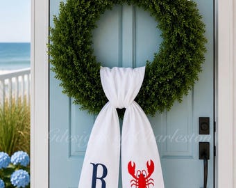 Embroidered Lobster Wreath Sash: Lobster, Mahjong, Blue Heron, Crane, Labradoodle, Tiger, Golf Cart, Pineapple Designs