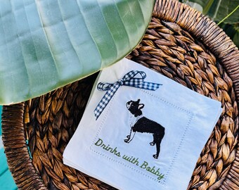 Embroidered Dog Cocktail Napkins: Linen Boston Terrier Design