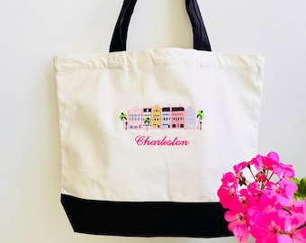 Embroidered Charleston Rainbow Row Canvas Tote Bag