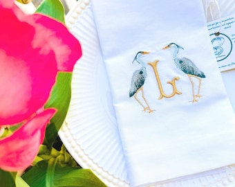 Embroidered Linen Napkins: Blue Heron, Crane, Monogrammed