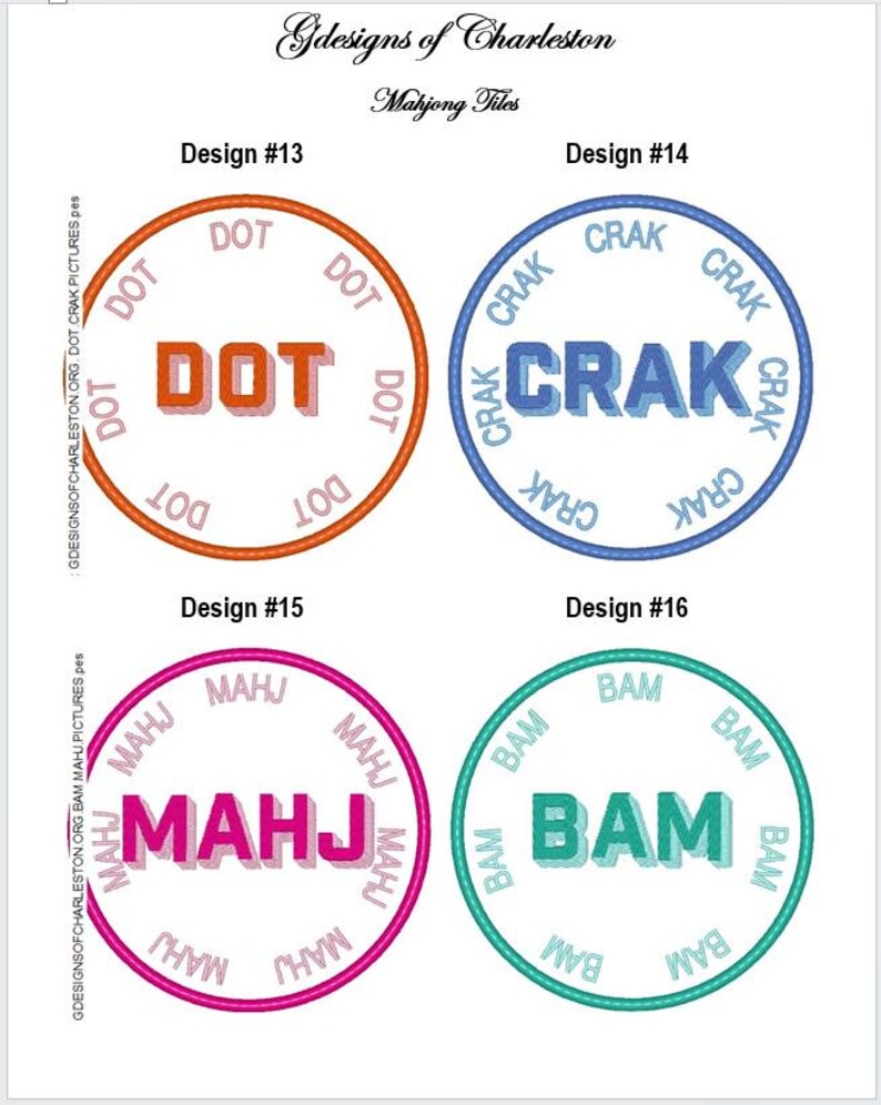 Może przedstawiać: Cztery okrągłe wzory hafciarskie oznaczone jako Design #13, #14, #15 i #16. Każde koło zawiera centralne słowo: DOT w kolorze pomarańczowym, CRAK w niebieskim, MAHJ w r&oacute;żowym i BAM w turkusowym, otoczone mniejszym, powtarzającym się tekstem.