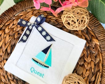 Linen Cocktail Napkins, Embroidered Sailboat Design, Coastal Home Decor