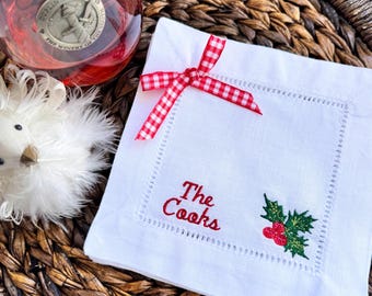 Monogrammed Christmas Linen Cocktail Napkins, Holly Design - Set of 4