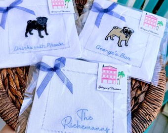 Embroidered Pug Linen Cocktail Napkins, Monogrammed, Set of 4 + Pug Wreath Sash