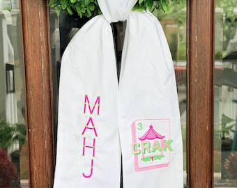 Embroidered Wreath Sash:Mahjong, Blue Heron, Crane, Labradoodle, Tiger, Golf Cart, Pineapple and Pine Apple Designs
