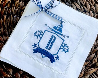 Embroidered Sailboat Linen Cocktail Napkins, Coastal Wedding