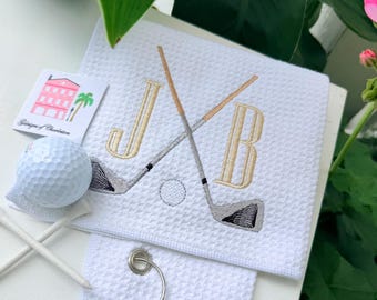 Personalized Embroidered Monogram Golf Towel, a thoughtful Gift featuring Golf Clubs Customized with Initials.
