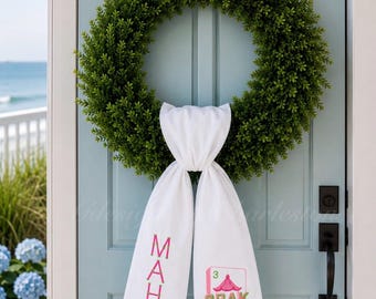 Embroidered Wreath Sash: Mahjong, Blue Heron, Crane, Labradoodle, Tiger, Golf Cart, Pineapple Designs