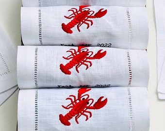Linen Lobster Cocktail Napkins, Embroidered Coastal Design