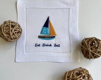 Linen Cocktail Napkins, Embroidered Sailboat Design, Coastal Home Decor