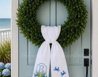 Embroidered Wreath Sash: Crab, Pineapple, Blue Heron, Crane, Labradoodle, Tiger, Golf Cart, Pineapple and Mahjong Designs