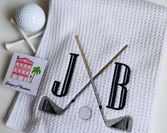 Personalized Embroidered Monogram Golf Towel, a thoughtful Gift featuring Golf Clubs Customized with Initials.