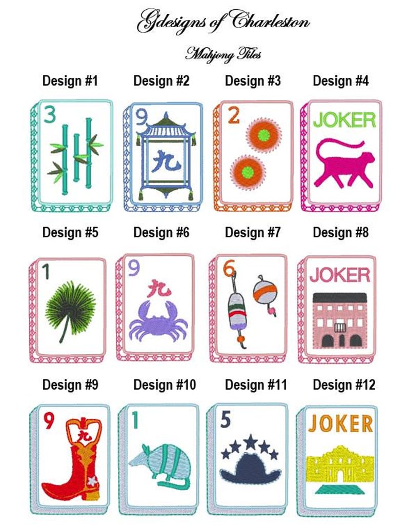 Może przedstawiać: Dwanaście haftowanych płytek Mahjong od Gdesigns of Charleston. Wzory obejmują bambus, latarnię, koła, r&oacute;żowego kota, liść palmy, kraba, spławiki wędkarskie, budynek, kowbojski but, pancernika, kowbojski kapelusz oraz budowlę Alamo.