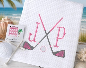 Personalized Embroidered Monogram Golf Towel, a thoughtful Gift featuring Golf Clubs Customized with Initials.