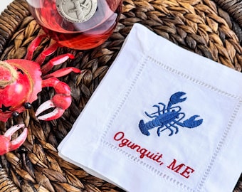 Linen Lobster Cocktail Napkins, Embroidered Coastal Design
