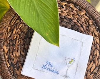 Personalized Martini Cocktail Napkins, Embroidered Linen Napkins, Set of 4