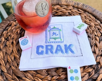 Embroidered Linen Mahjong Cocktail Napkins, Set of 4, Mahjong Party Decor