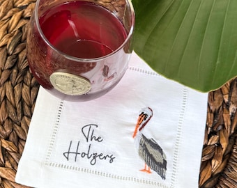 Embroidered Pelican Linen Cocktail Napkins, Hemstitch Border, Coastal Decor