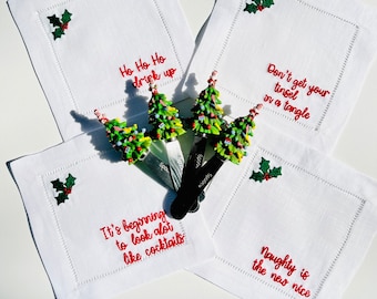 Southern Christmas Linen Cocktail Napkins, Funny Sayings, Set of 4