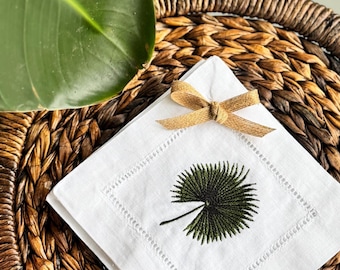 Embroidered Palm Leaf Linen Cocktail Napkins, Coastal Decor