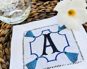 Tassel Cocktail Napkins +Tassel Napkins + Tassel Embroidered Napkins + Wedding Cocktail Napkins + GdesignsofCharleston + Coastal Napkins