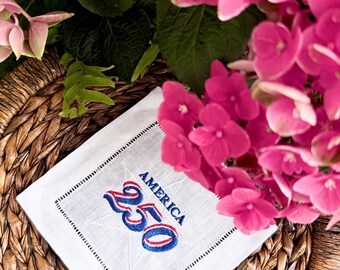 USA Patriotic Embroidered Cocktail Napkins | Semiquincentennial Napkins | Linen Cloth  Beve