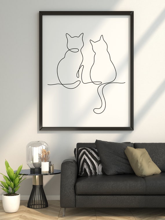 Cats Couple One Line Art Drawing Wall Prints. Perfect Minimalist