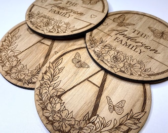 Family Name Coasters - Set of 4 - Personalised Home Interior Decoration - Nature Coasters - Rustic Home Decor - Farmhouse Kitchen