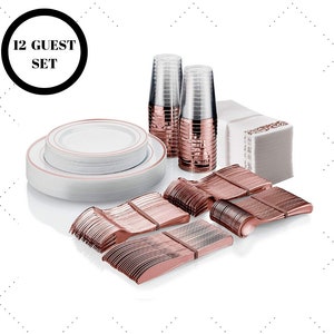 Party Set Plastic Dinnerware 96 Set, Elegant Plates Cups Cutlery Rose Gold 12 guest set.