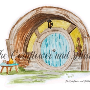 Round door Halfling House Watercolor Digital Download Painting