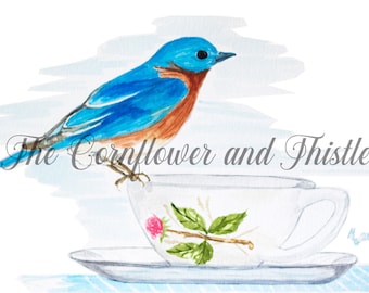Teatime Bluebird Watercolor Digital Download Print