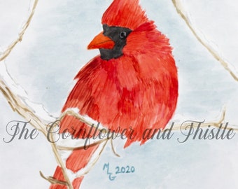 Cardinal Christmas Card, Watercolor Painting Digital Download Print