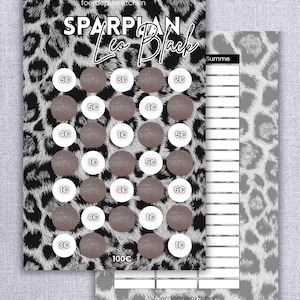 Könnte beinhalten: Ein Sparplan im Leopardenmuster mit dem Text "SPARPLAN Leo Black" und mehreren Kreisen mit Euro-Beträgen. Ein zweites Blatt mit Leopardenmuster und einem "Summe"-Bereich ist sichtbar.