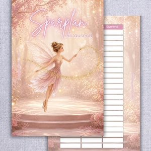 Könnte beinhalten: Ein rosa-goldener Planer mit einer Feenillustration. Auf dem Cover steht das Wort "Sparplan" in Schreibschrift, darunter "eintausend". Die Fee hält einen Zauberstab, und der Hintergrund ist eine verträumte Waldszene.