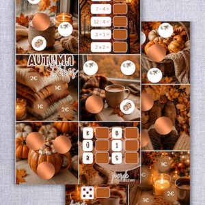 Könnte beinhalten: Ein mehrteiliges pädagogisches Arbeitsblatt mit herbstlichen Motiven wie Kürbissen, Pullovern, Kerzen und Heißgetränken. Das Layout enthält mathematische Gleichungen, Buchstabenraster, Würfelsymbole und kupferfarbene, runde Rubbelaufkleber.
