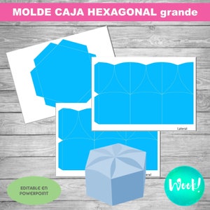 Puede incluir: Plantilla imprimible para una caja hexagonal grande. La plantilla está compuesta por seis paneles azules y una tapa hexagonal. La plantilla es editable en PowerPoint. El texto "MOLDE CAJA HEXAGONAL grande" está en la parte superior de la imagen. El texto "EDITABLE EN POWERPOINT" está en la parte inferior de la imagen.