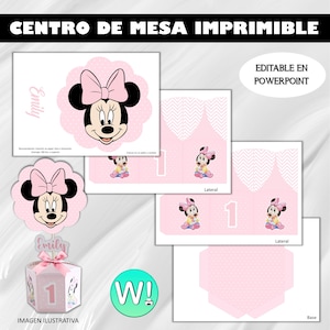 Może przedstawiać: Drukowane centralne dekoracje stołu na imprezę w stylu Minnie Mouse. Zestaw zawiera podstawę, dwa boczne panele i górny panel z obrazkiem Minnie Mouse. Panele są różowe w białe kropki i białe wzory chevron. Górny panel ma imię "Emily" i numer "1". Podstawa ma numer "1". Boczne panele mają numer "1". Górny panel ma na sobie obrazek Minnie Mouse. Podstawa ma na sobie obrazek Minnie Mouse. Boczne panele mają na sobie obrazek Minnie Mouse.