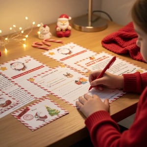 Puede incluir: Un niño escribe una carta a Papá Noel con un bolígrafo rojo. La carta está decorada con ilustraciones navideñas y un borde a rayas rojas y blancas. Se ven decoraciones de Papá Noel y árboles de Navidad.